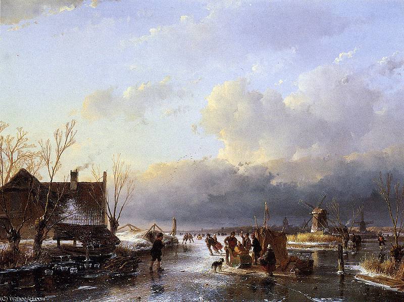 Wikioo.org - The Encyclopedia of Fine Arts - Painting, Artwork by Andreas Schelfhout - Scaters on river near saw mill Sun