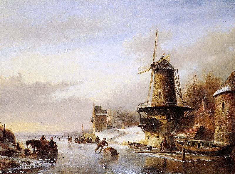 Wikioo.org - The Encyclopedia of Fine Arts - Painting, Artwork by Andreas Schelfhout - Scaters frozen river mill Sun