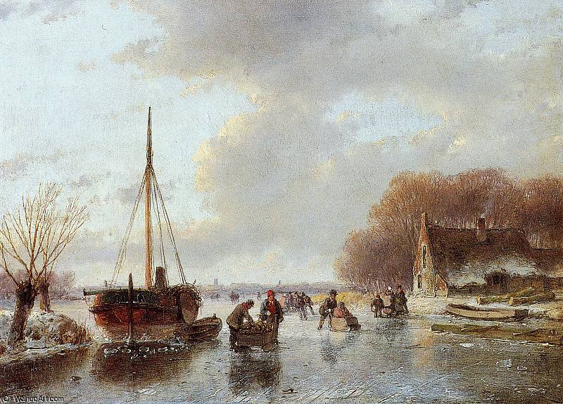 Wikioo.org - The Encyclopedia of Fine Arts - Painting, Artwork by Andreas Schelfhout - Scaters near boat in ice Sun