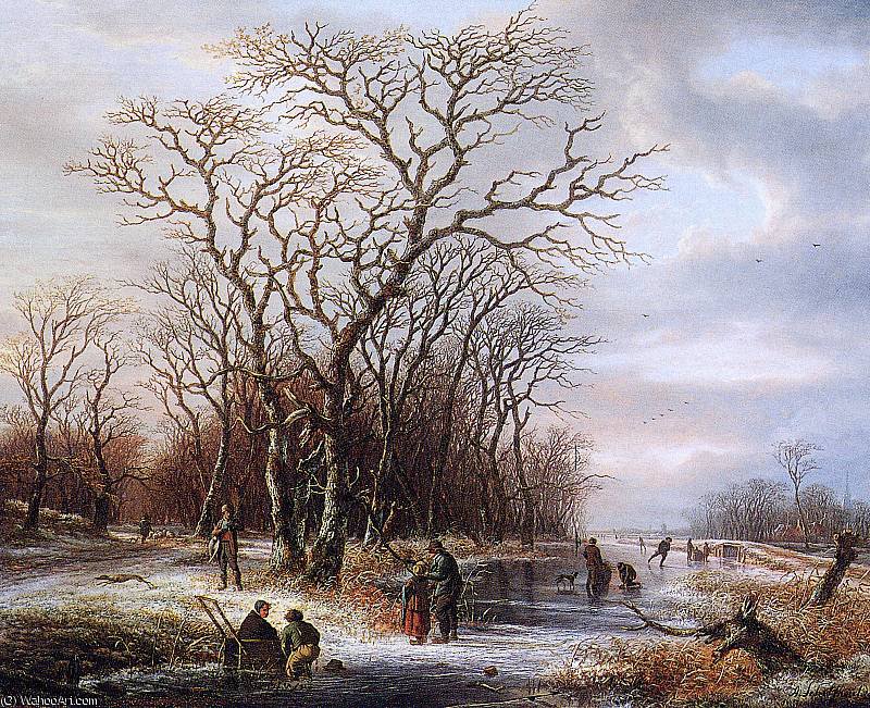 Wikioo.org - The Encyclopedia of Fine Arts - Painting, Artwork by Andreas Schelfhout - Scaters on frozen canal Sun
