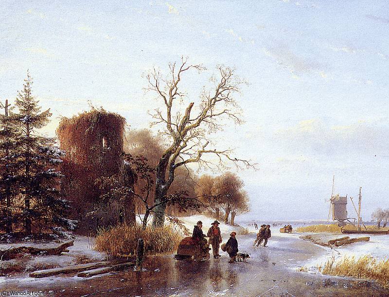 Wikioo.org - The Encyclopedia of Fine Arts - Painting, Artwork by Andreas Schelfhout - Scaters on frozen river 2 Sun