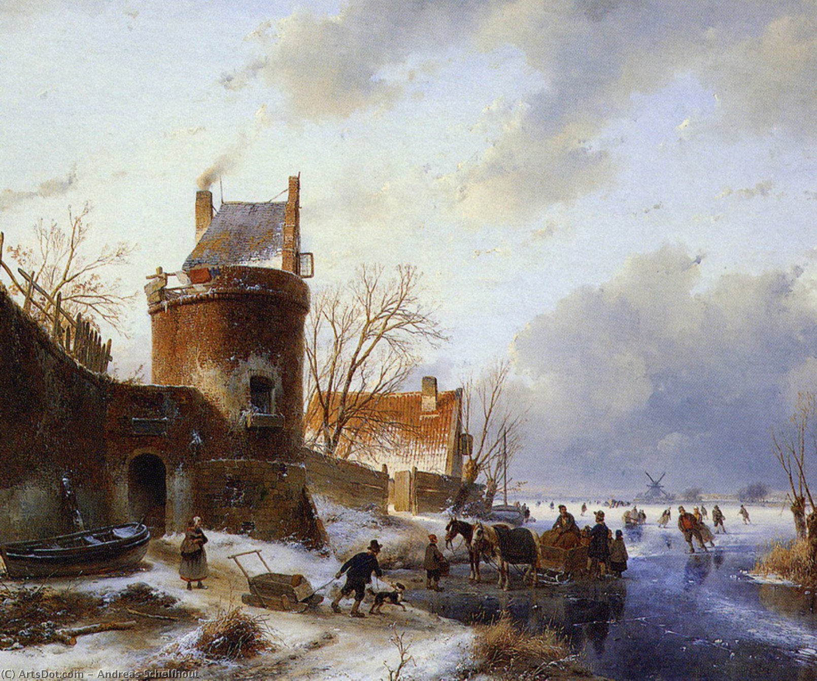 Wikioo.org - The Encyclopedia of Fine Arts - Painting, Artwork by Andreas Schelfhout - Scaters on frozen river Sun