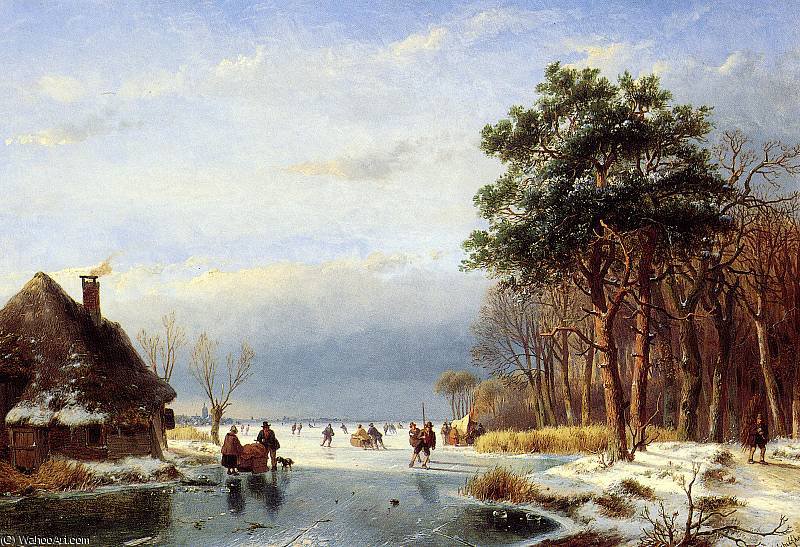 Wikioo.org - The Encyclopedia of Fine Arts - Painting, Artwork by Andreas Schelfhout - Scaters on frozen river with firs Sun