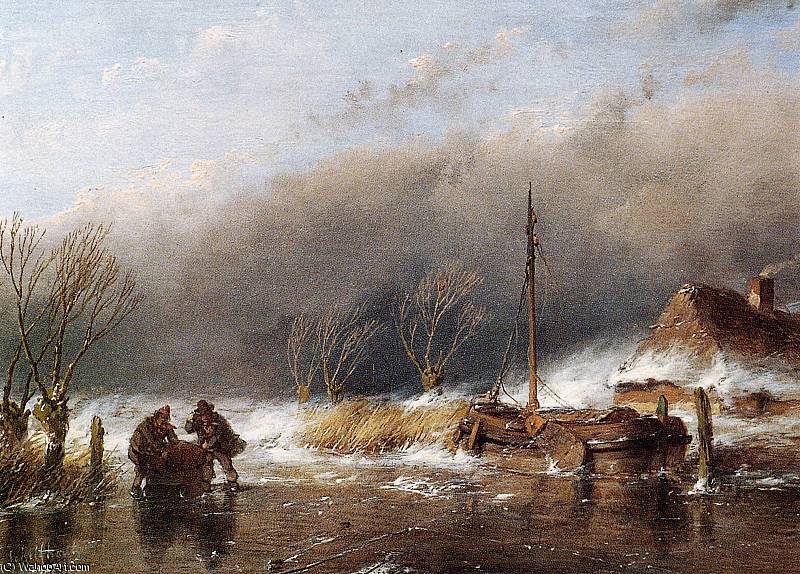 Wikioo.org - The Encyclopedia of Fine Arts - Painting, Artwork by Andreas Schelfhout - Storm on ice Sun
