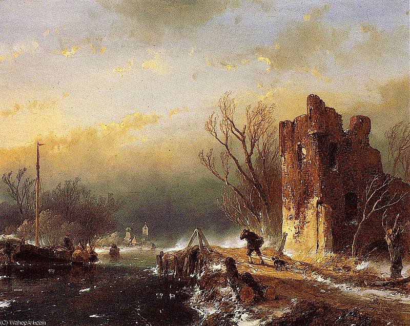 Wikioo.org - The Encyclopedia of Fine Arts - Painting, Artwork by Andreas Schelfhout - Traveller country road in winter Sun