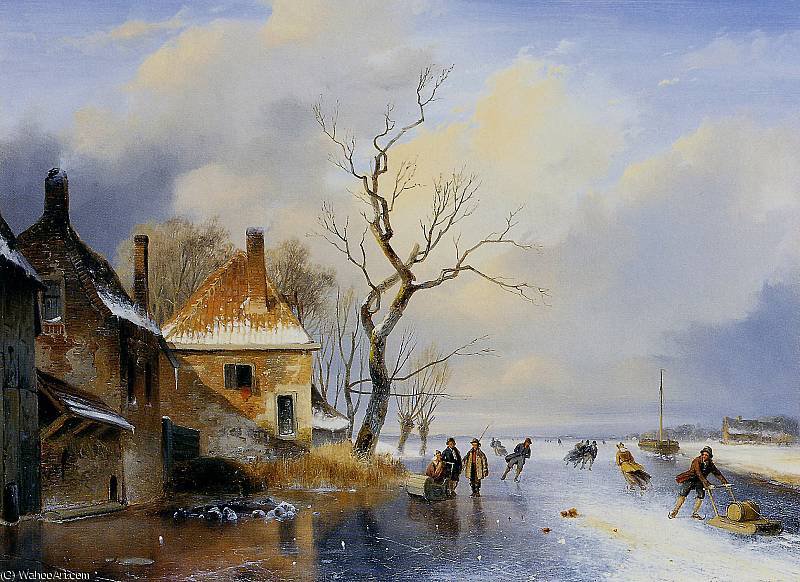 Wikioo.org - The Encyclopedia of Fine Arts - Painting, Artwork by Andreas Schelfhout - Winter landscape 1 Sun
