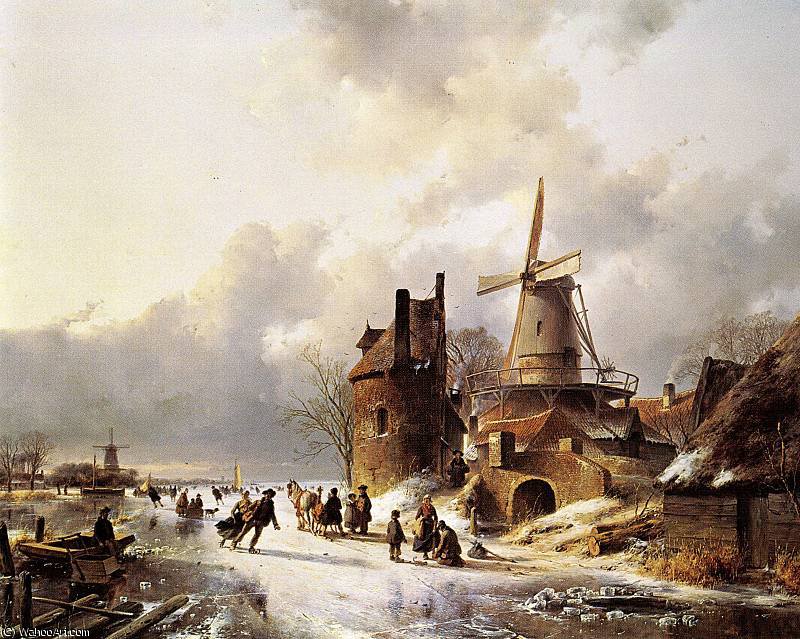 Wikioo.org - The Encyclopedia of Fine Arts - Painting, Artwork by Andreas Schelfhout - Winter landscape 3 Sun