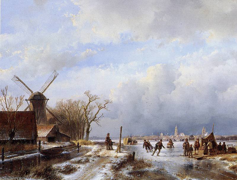 Wikioo.org - The Encyclopedia of Fine Arts - Painting, Artwork by Andreas Schelfhout - Winter landscape Delft Sun