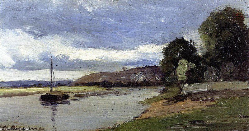 Wikioo.org - The Encyclopedia of Fine Arts - Painting, Artwork by Camille Pissarro - Banks of a River with Barge.