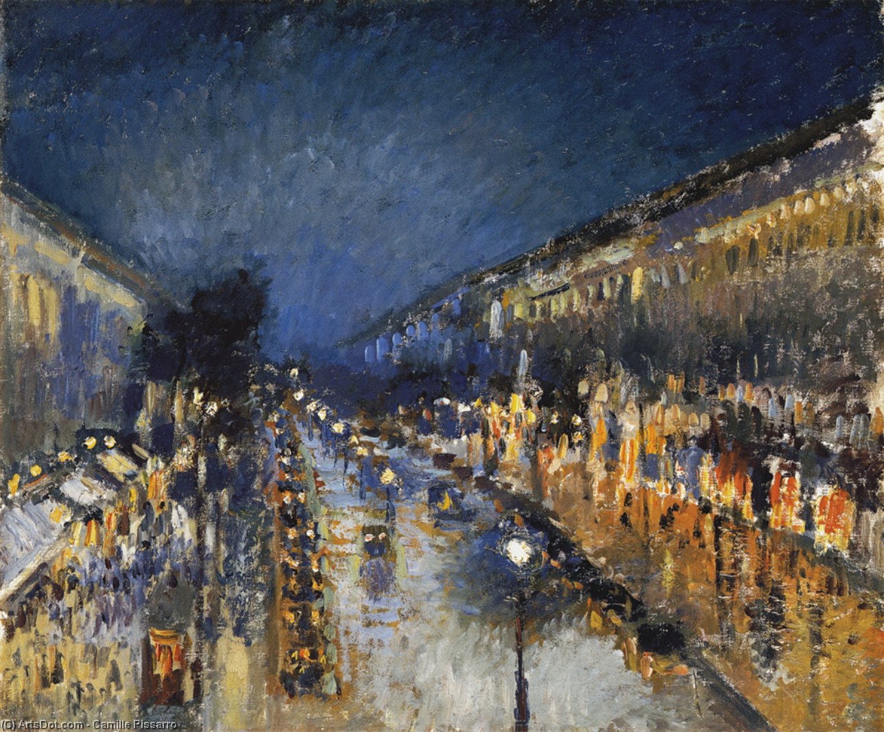 Wikioo.org - The Encyclopedia of Fine Arts - Painting, Artwork by Camille Pissarro - Boulevard Montmartre at Night Sun