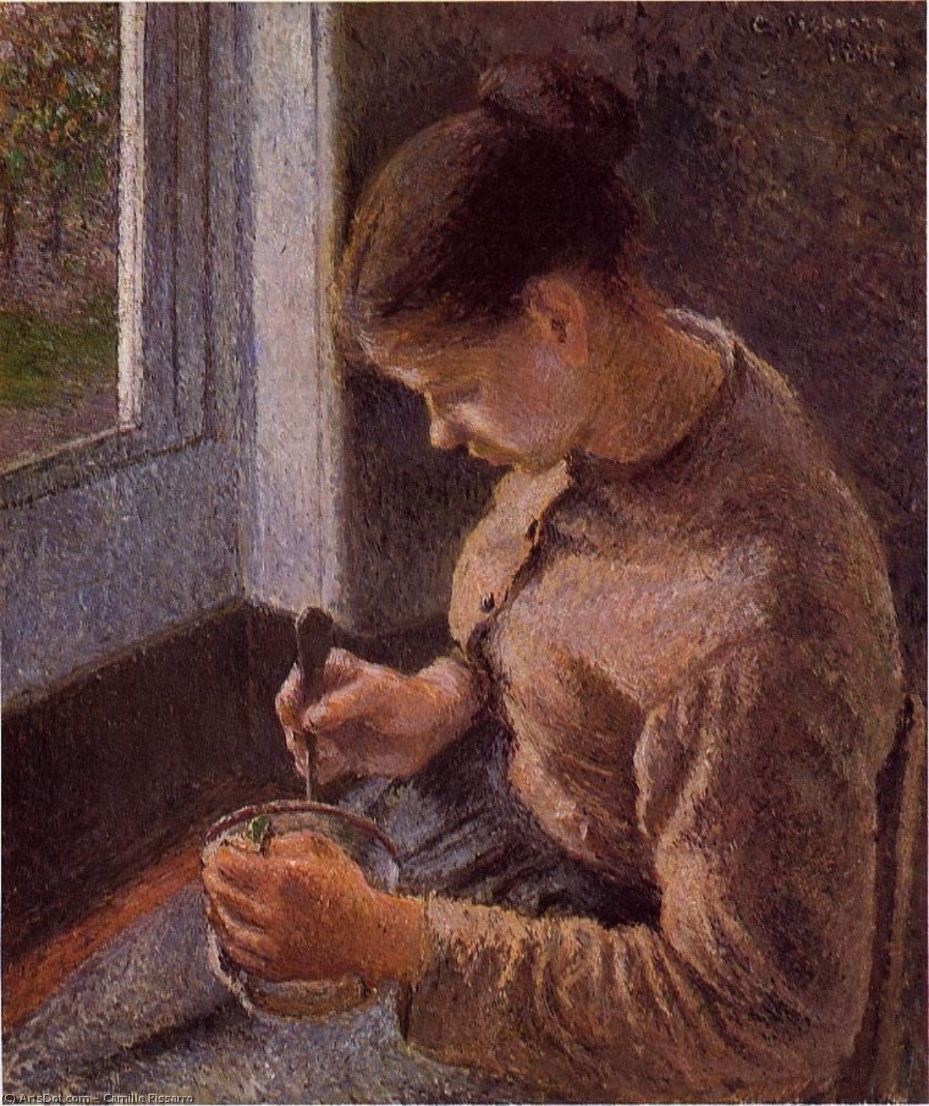 Wikioo.org - The Encyclopedia of Fine Arts - Painting, Artwork by Camille Pissarro - breakfast, young peasant woman taking her coffee.