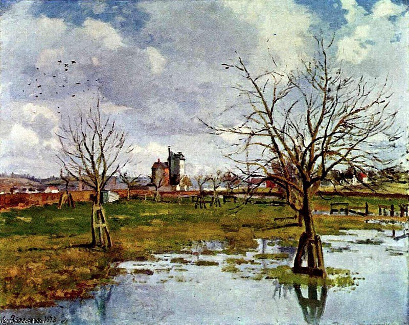 Wikioo.org - The Encyclopedia of Fine Arts - Painting, Artwork by Camille Pissarro - Landscape with Flooded Fields.