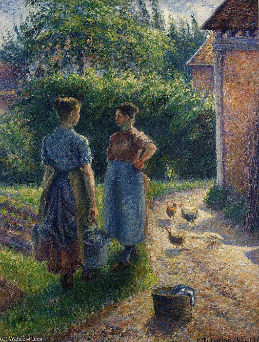 Wikioo.org - The Encyclopedia of Fine Arts - Painting, Artwork by Camille Pissarro - Peasants Chatting in the Farmyard, Eragny.