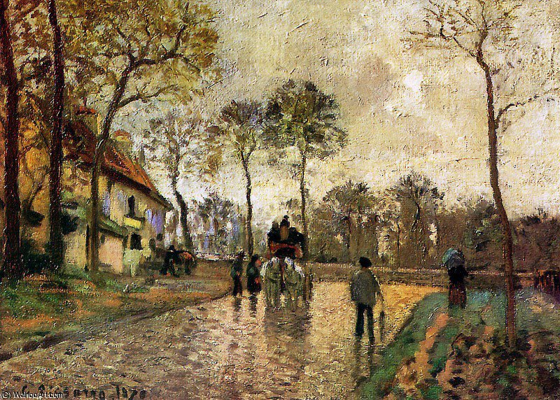 Wikoo.org - موسوعة الفنون الجميلة - اللوحة، العمل الفني Camille Pissarro - Stagecoach to Louveciennes Sun
