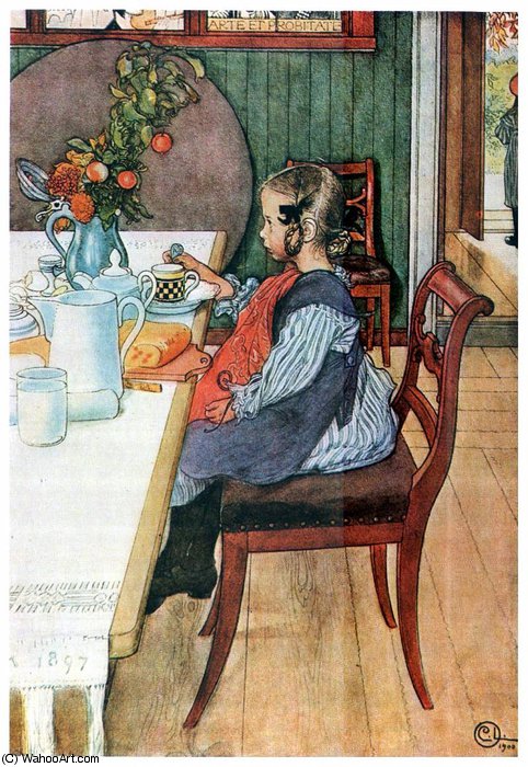 Wikoo.org - موسوعة الفنون الجميلة - اللوحة، العمل الفني Carl Larsson - a late risers miserable breakfast