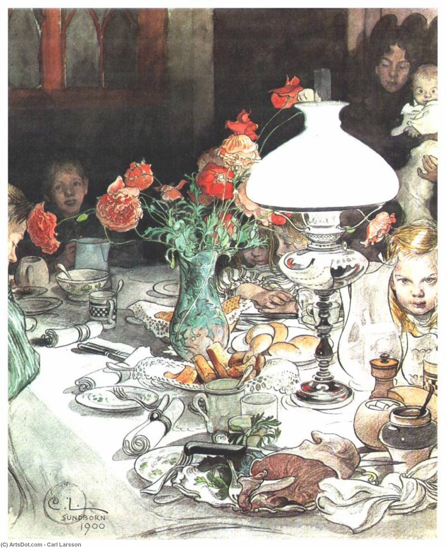 Wikioo.org - The Encyclopedia of Fine Arts - Painting, Artwork by Carl Larsson - Around the lamp at evening