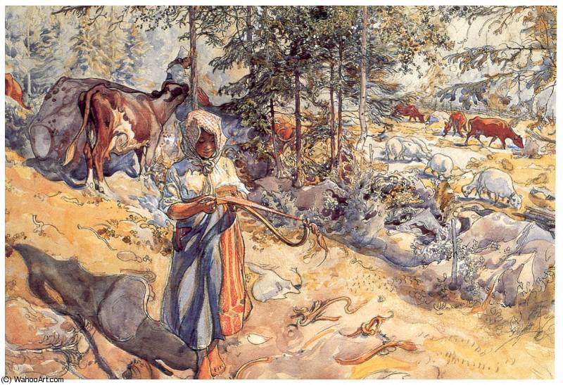 Wikioo.org - The Encyclopedia of Fine Arts - Painting, Artwork by Carl Larsson - La vaquera en el prado