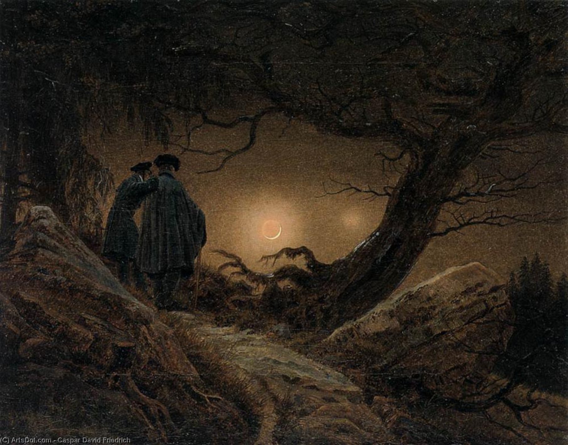 Wikioo.org - The Encyclopedia of Fine Arts - Painting, Artwork by Caspar David Friedrich - two men contemplating the moon