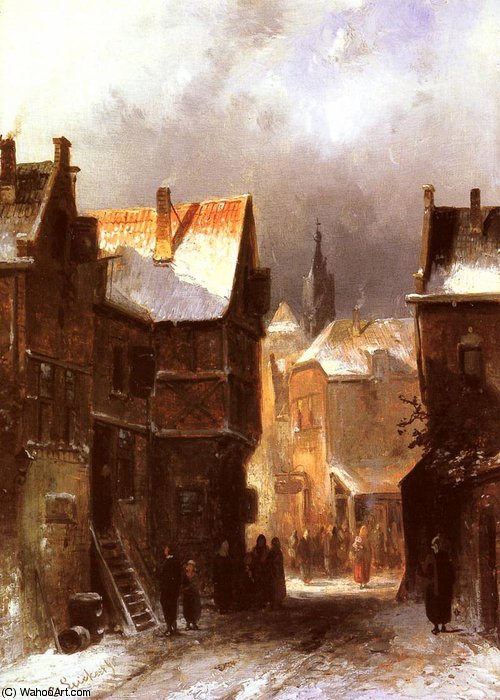 WikiOO.org - Encyclopedia of Fine Arts - Schilderen, Artwork Charles Henri Joseph Leickert - a dutch town in winter