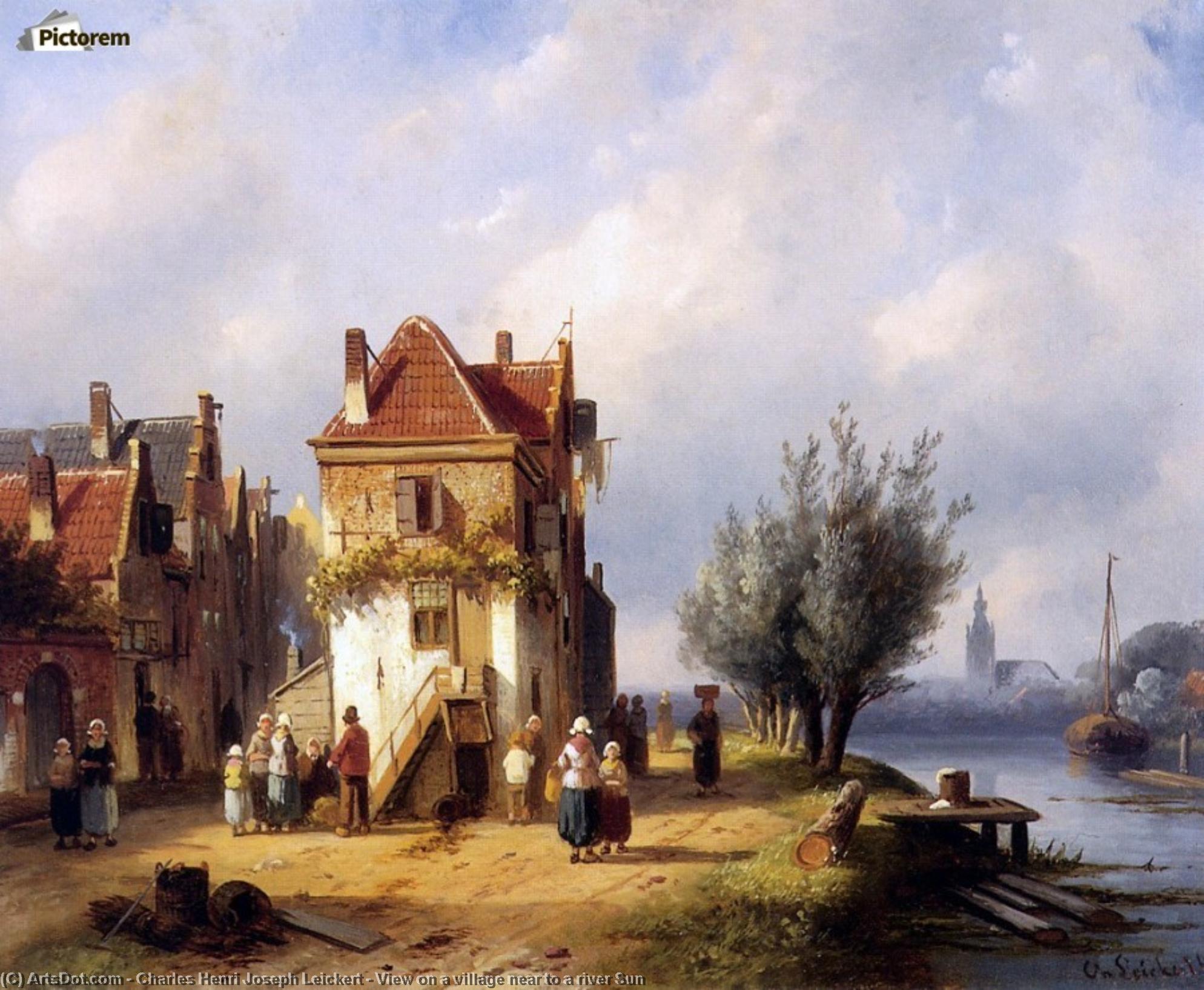 WikiOO.org - Encyclopedia of Fine Arts - Lukisan, Artwork Charles Henri Joseph Leickert - View on a village near to a river Sun