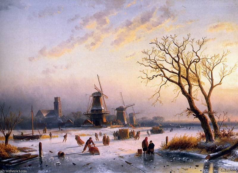 WikiOO.org - Encyclopedia of Fine Arts - Maleri, Artwork Charles Henri Joseph Leickert - winterlandscape sun