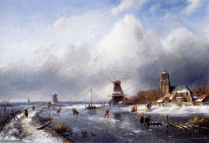 Wikioo.org - The Encyclopedia of Fine Arts - Painting, Artwork by Charles Henri Joseph Leickert - Winterlandscape with scaters Sun
