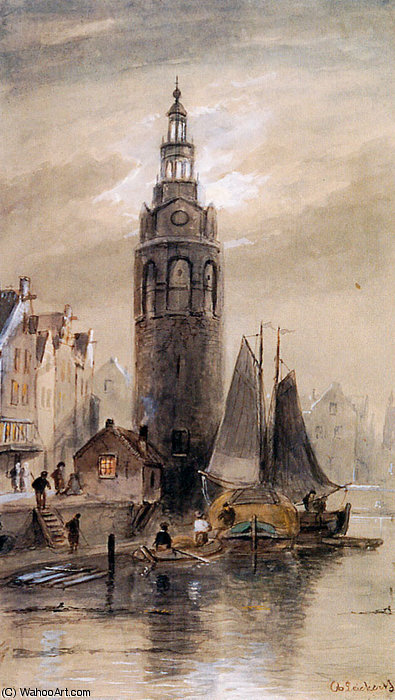 Wikioo.org - Encyklopedia Sztuk Pięknych - Malarstwo, Grafika Charles Henri Joseph Leickert - Montelbaanstoren in Amsterdam Sun