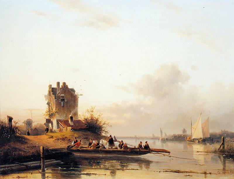 Wikioo.org - สารานุกรมวิจิตรศิลป์ - จิตรกรรม Charles Henri Joseph Leickert - Riverlandscape with ferry Sun