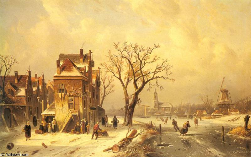 WikiOO.org - Encyclopedia of Fine Arts - Lukisan, Artwork Charles Henri Joseph Leickert - skaters in a frozen winter landscape