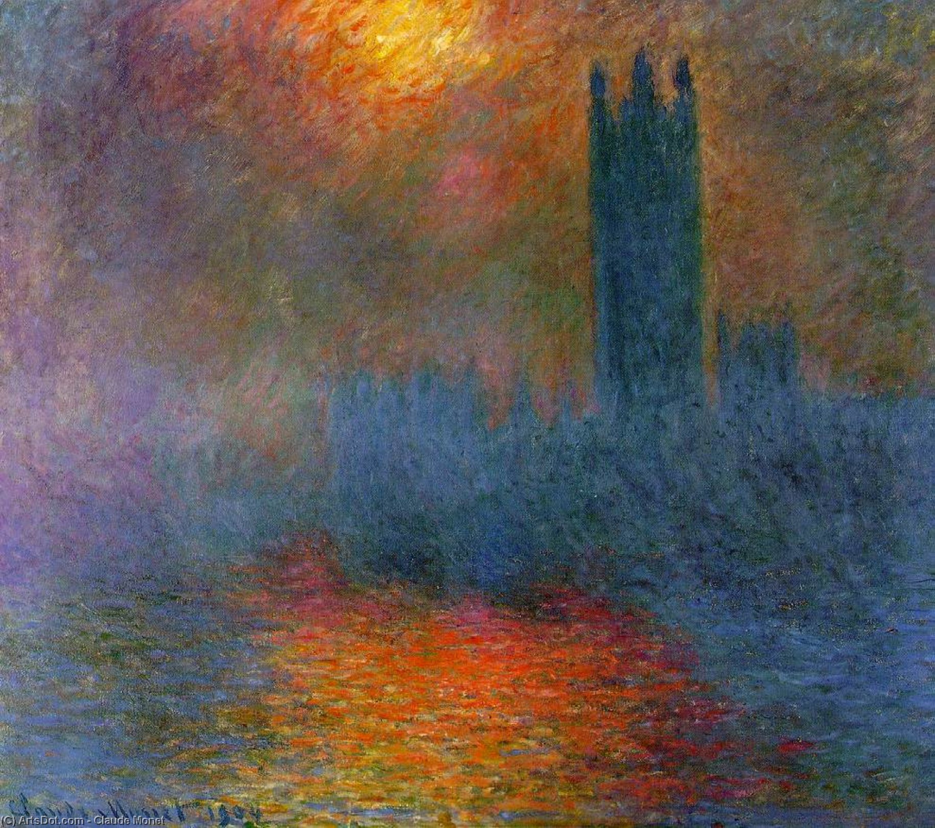 Wikioo.org - The Encyclopedia of Fine Arts - Painting, Artwork by Claude Monet - Houses of Parliament, London, Sun Breaking Through the Fog