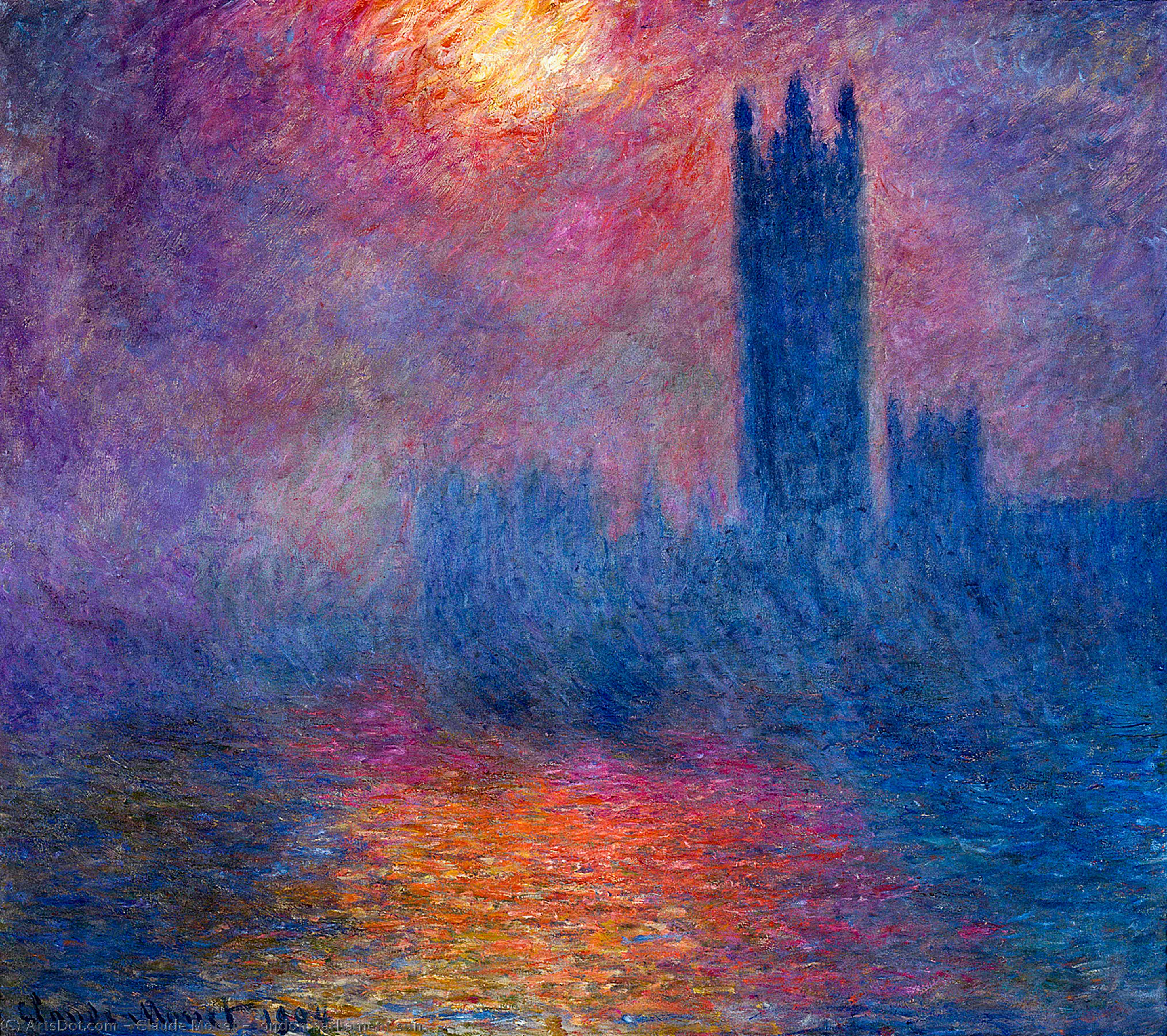 Wikoo.org - موسوعة الفنون الجميلة - اللوحة، العمل الفني Claude Monet - london parliament sun