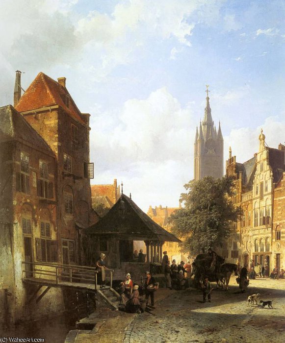 Wikioo.org - The Encyclopedia of Fine Arts - Painting, Artwork by Cornelius Springer - figures in a street in delft