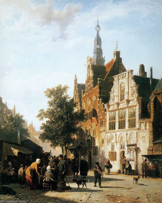 Wikioo.org – L'Enciclopedia delle Belle Arti - Pittura, Opere di Cornelius Springer - Marketview con cityhall Woerden Sun