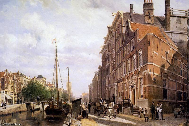 Wikioo.org - The Encyclopedia of Fine Arts - Painting, Artwork by Cornelius Springer - Cornelis Voorburgwal in Amsterdam Sun