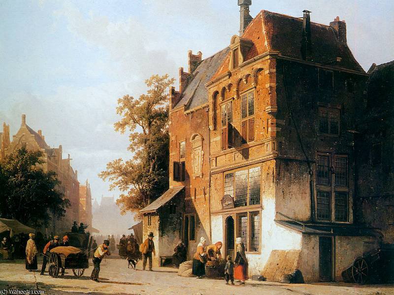 Wikioo.org - The Encyclopedia of Fine Arts - Painting, Artwork by Cornelius Springer - Cornelis Westermarket in Amsterdam Sun