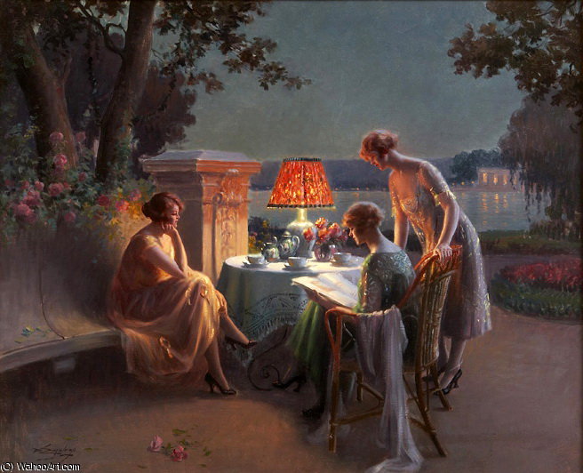 Wikioo.org - The Encyclopedia of Fine Arts - Painting, Artwork by Delphin Enjolras - elegantes sur la terrasse devant le lac dannecy