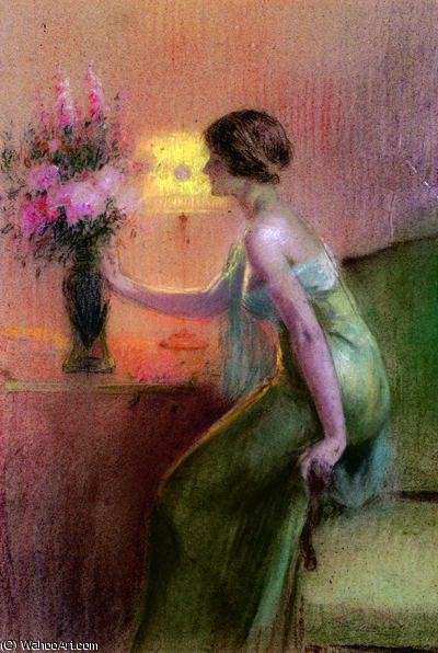 Wikioo.org - The Encyclopedia of Fine Arts - Painting, Artwork by Delphin Enjolras - jeune fille devant un bouquet le soir