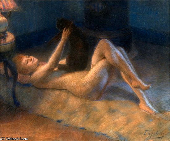 Wikioo.org - The Encyclopedia of Fine Arts - Painting, Artwork by Delphin Enjolras - nu allonge jouant avec son chat