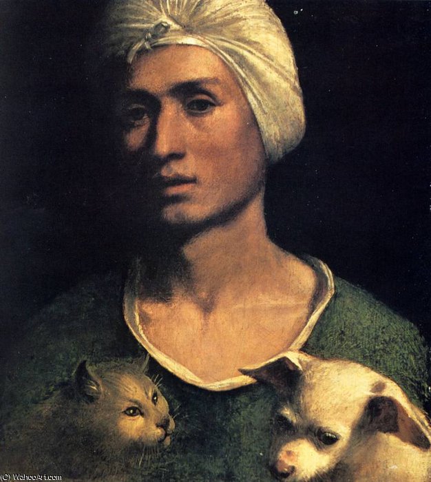 Wikioo.org – La Enciclopedia de las Bellas Artes - Pintura, Obras de arte de Dosso Dossi (Giovanni Di Niccolò De Luteri) - retrato de un hombre joven con un perro y un gato