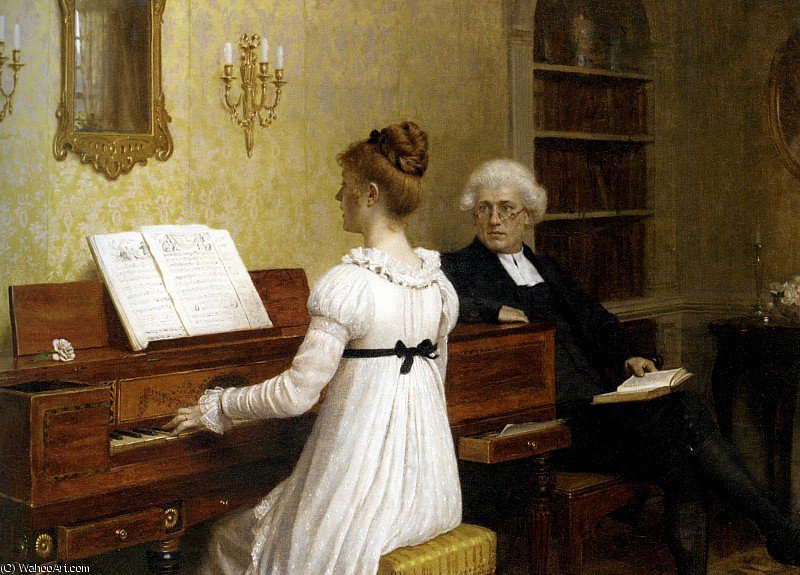 Wikioo.org - The Encyclopedia of Fine Arts - Painting, Artwork by Edmund Blair Leighton - the piano lesson - oil on canvas -