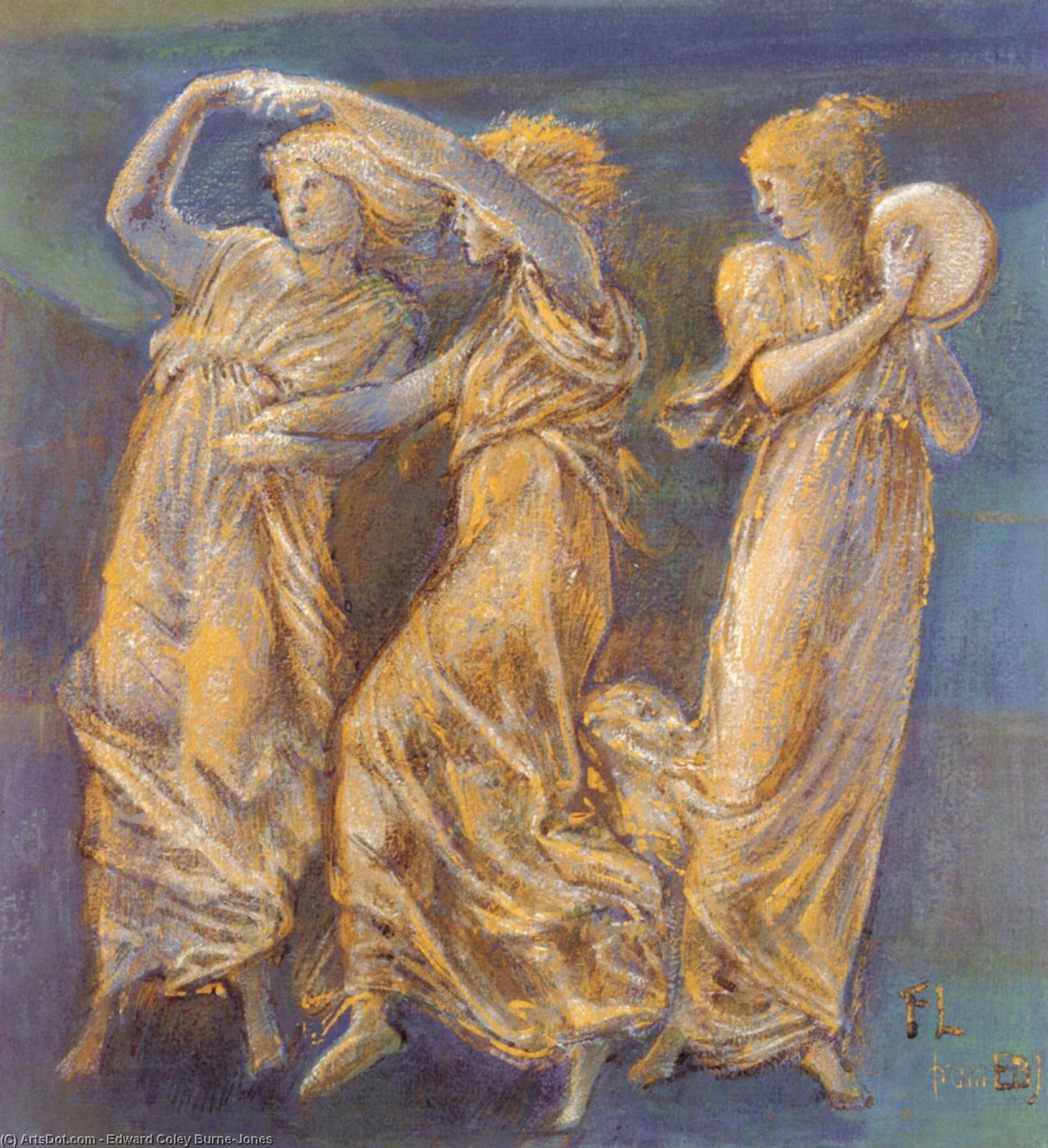 Wikioo.org - The Encyclopedia of Fine Arts - Painting, Artwork by Edward Coley Burne-Jones - three female figures dancing and playing