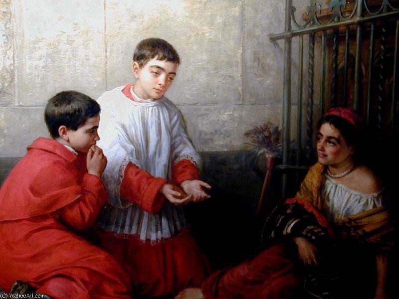 Wikioo.org - The Encyclopedia of Fine Arts - Painting, Artwork by Edwin Longsden Long - Choir boys buying chestnuts from Gypsy