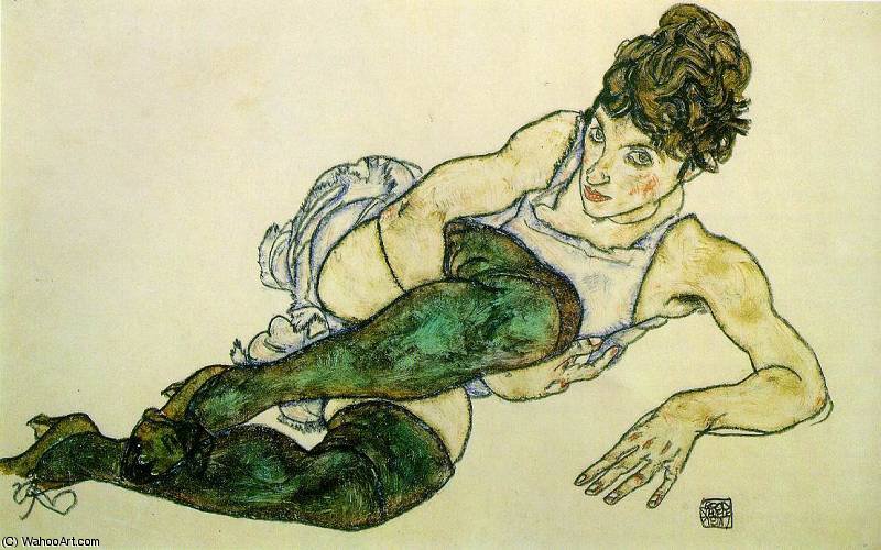 Wikioo.org – L'Encyclopédie des Beaux Arts - Peinture, Oeuvre de Egon Schiele - femme étendue avec  verts  bas