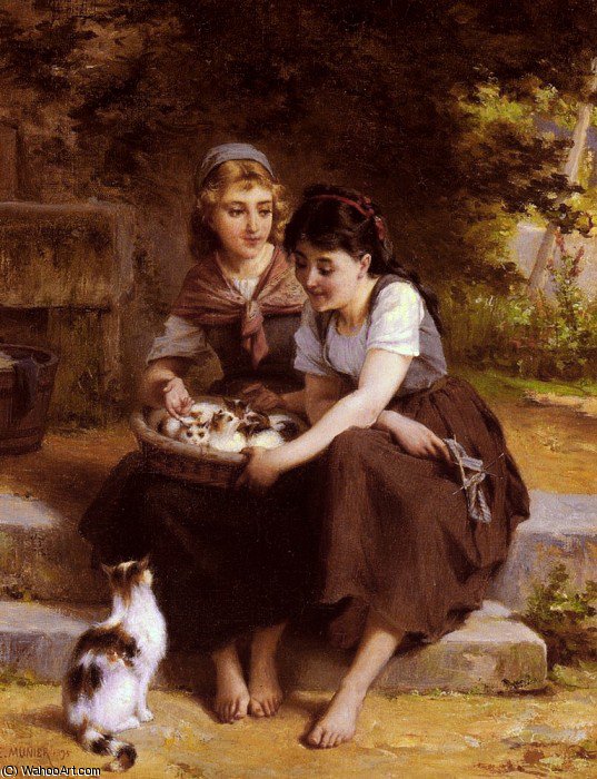 Wikioo.org - The Encyclopedia of Fine Arts - Painting, Artwork by Emile Munier - deux filles avec un panier de chatons