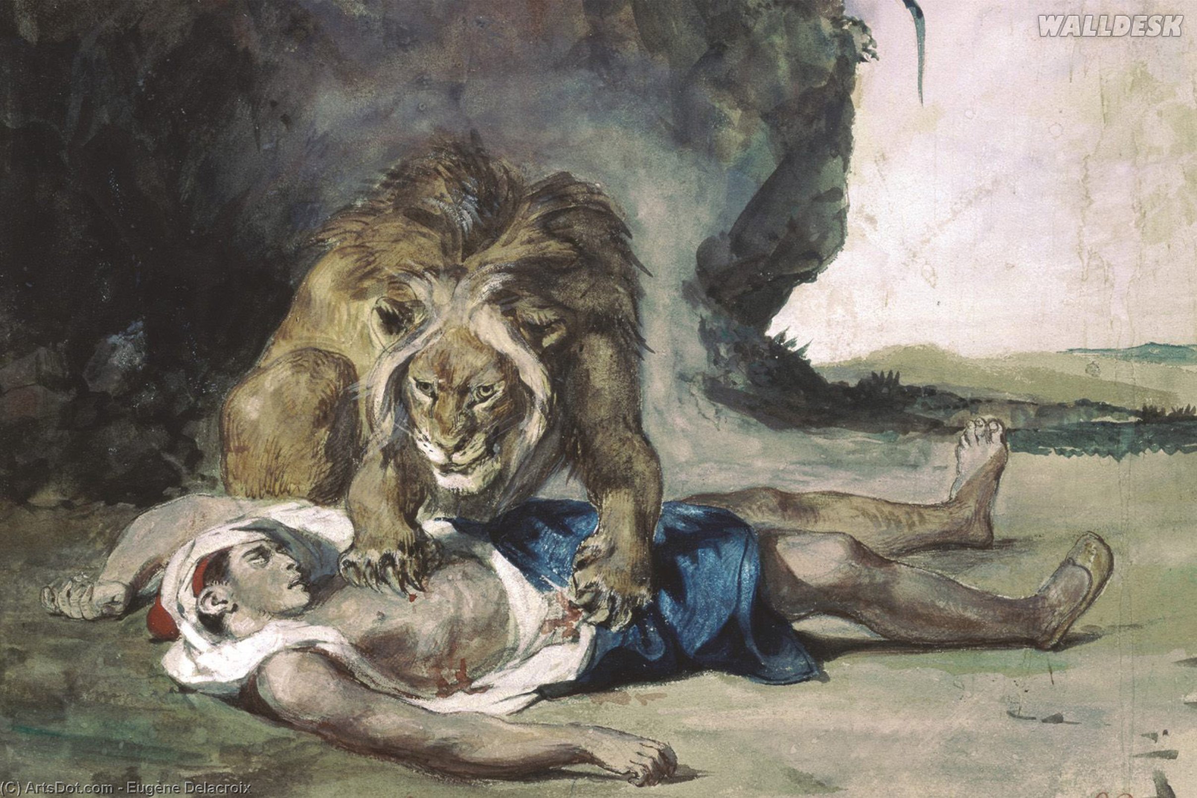 Wikoo.org - موسوعة الفنون الجميلة - اللوحة، العمل الفني Eugène Delacroix - Lion Rending Apart a Corpse