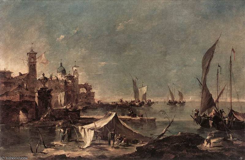 Wikioo.org – L'Enciclopedia delle Belle Arti - Pittura, Opere di Francesco Lazzaro Guardi - Paesaggio con una tenda di pescatori
