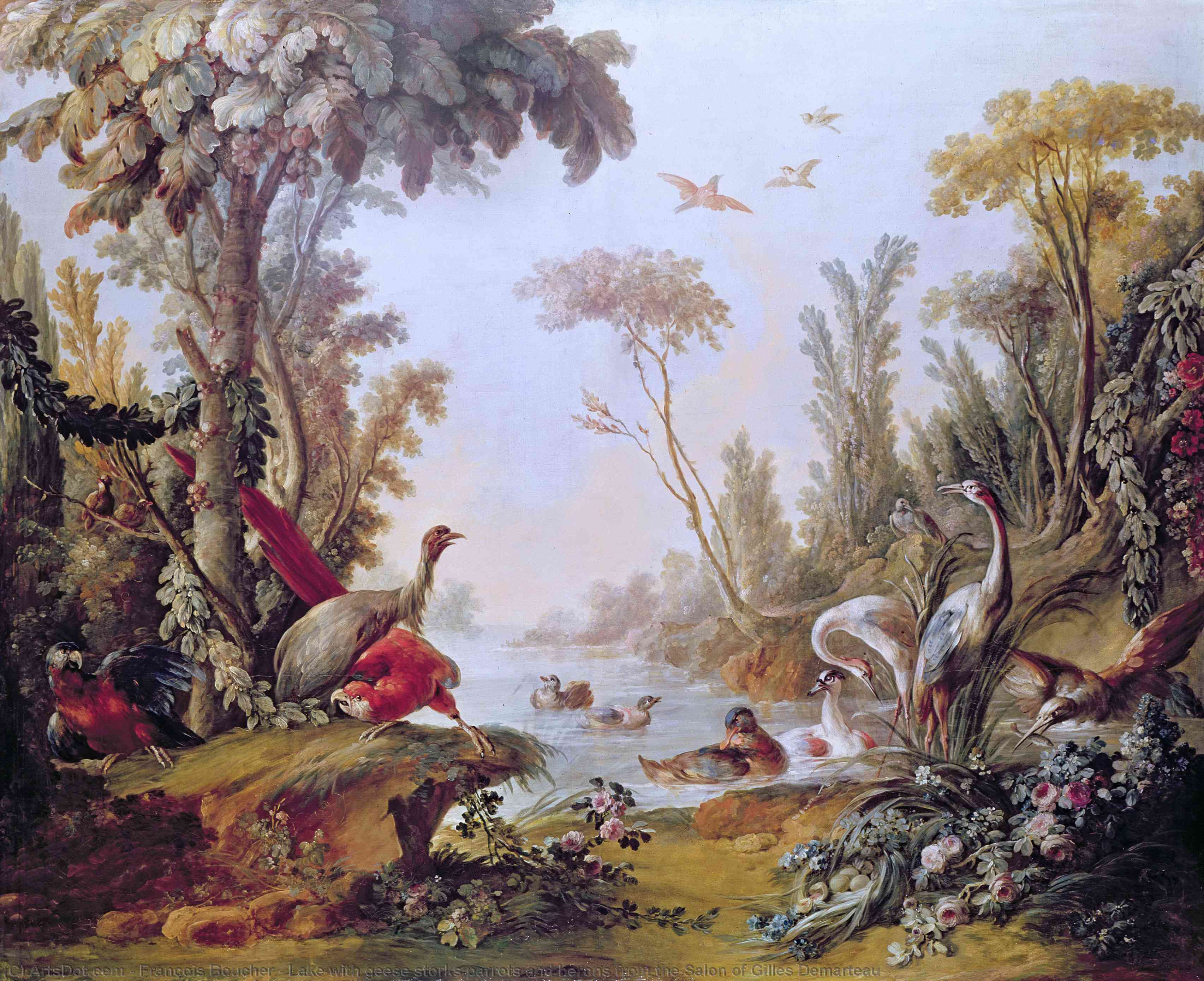 Wikioo.org - The Encyclopedia of Fine Arts - Painting, Artwork by François Boucher - Lake with geese storks parrots and herons from the Salon of Gilles Demarteau