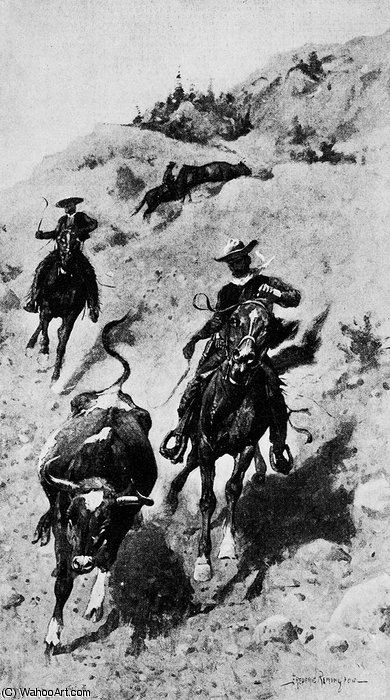 Wikioo.org - The Encyclopedia of Fine Arts - Painting, Artwork by Frederic Remington - Heading a Steer in the Foothills