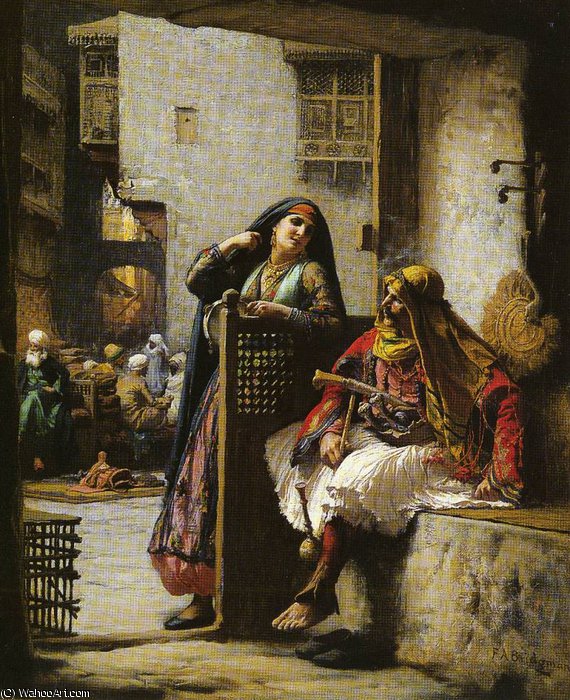Wikioo.org - The Encyclopedia of Fine Arts - Painting, Artwork by Frederick Arthur Bridgman - almeh flirting with an armenian policeman, cairo