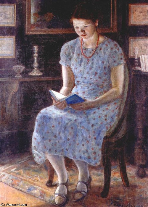 Wikioo.org - The Encyclopedia of Fine Arts - Painting, Artwork by Frederick Carl Frieseke - blue girl reading
